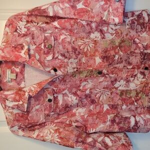 Christopher & Banks Red, pink, and white Jean Jacket Floral Design